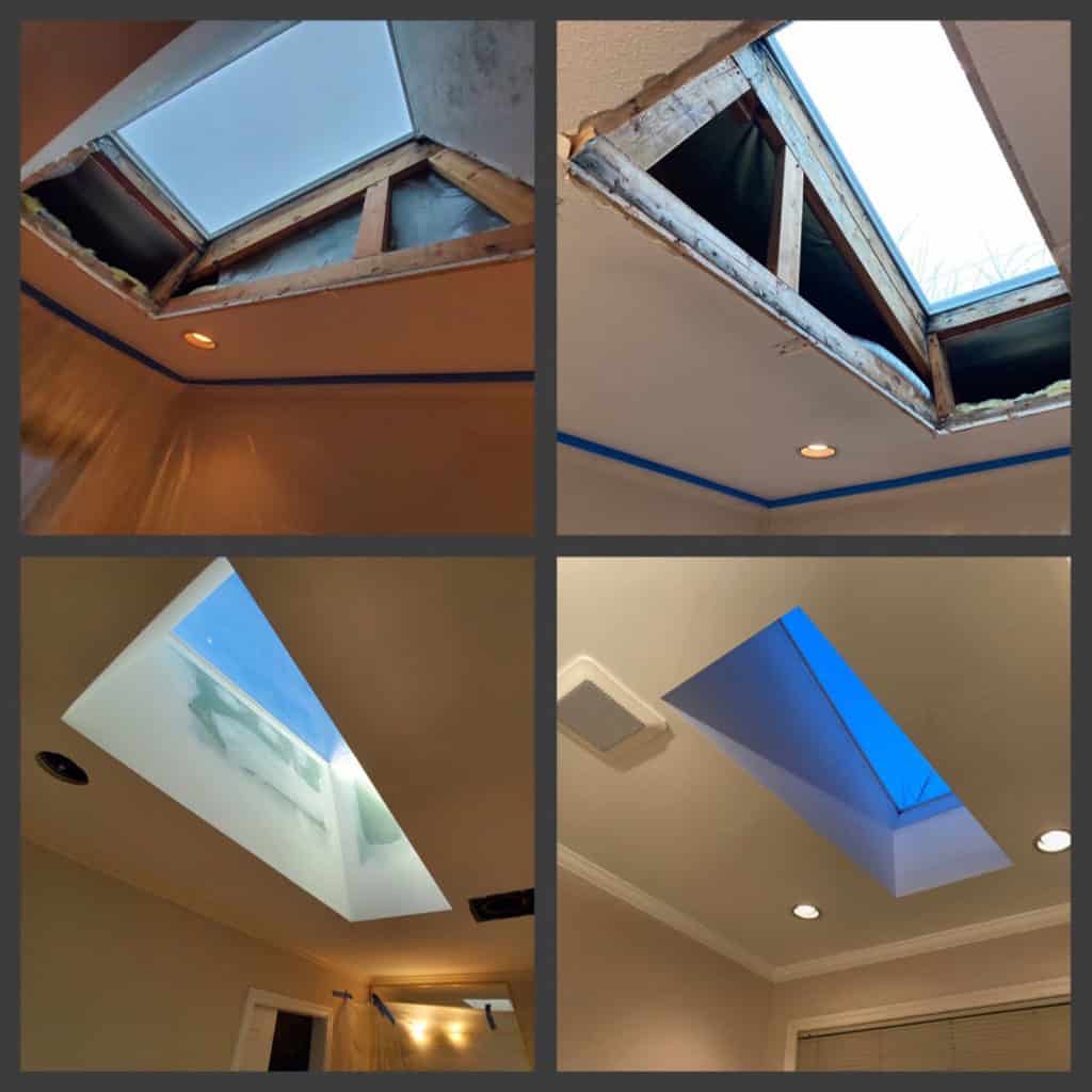 four progress pictures showing refinishing and renovation of skylight
